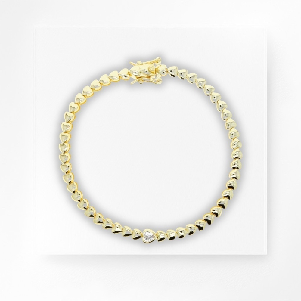 NEW Gold-Plated Heart Shaped Tennis Bracelet w/ Single CZ Heart - 19cm Long - Picture 6 of 16